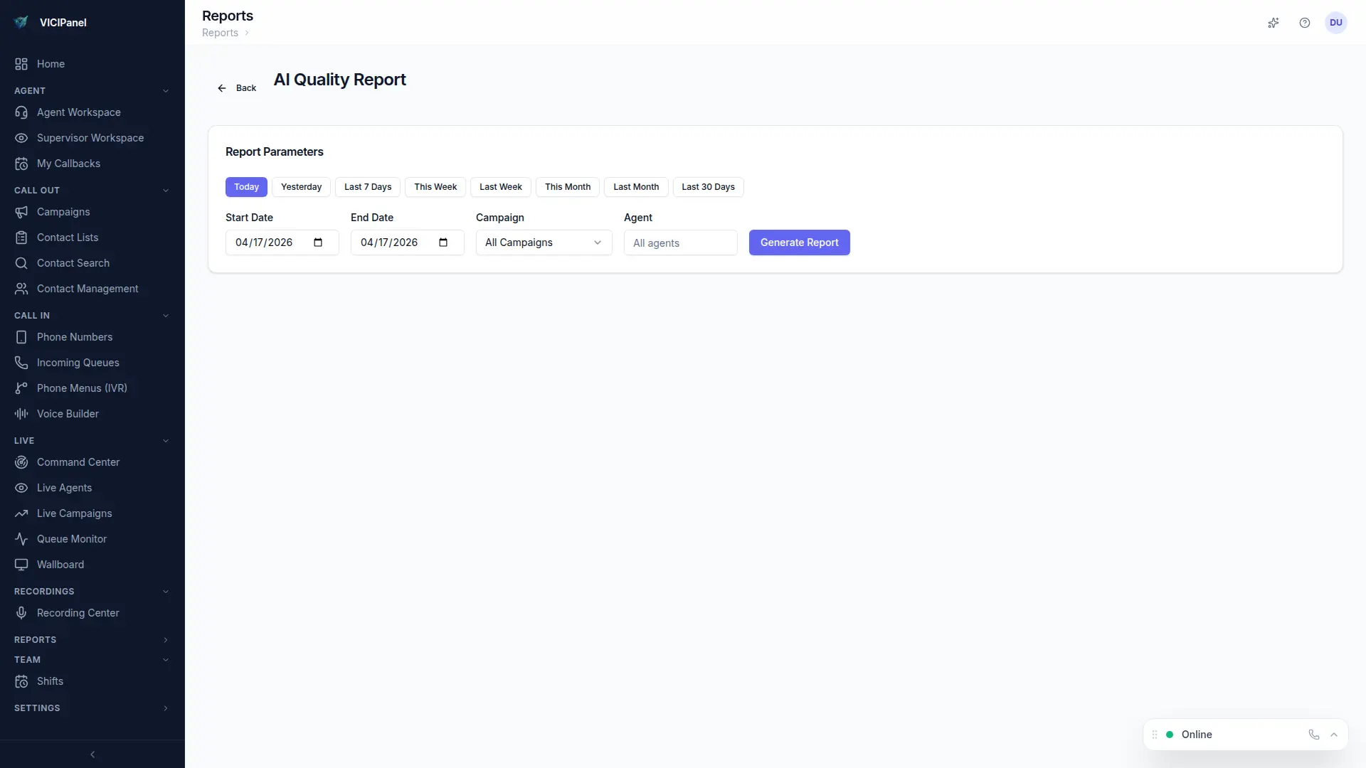 AI Quality report, per-agent rubric scores with drill-through