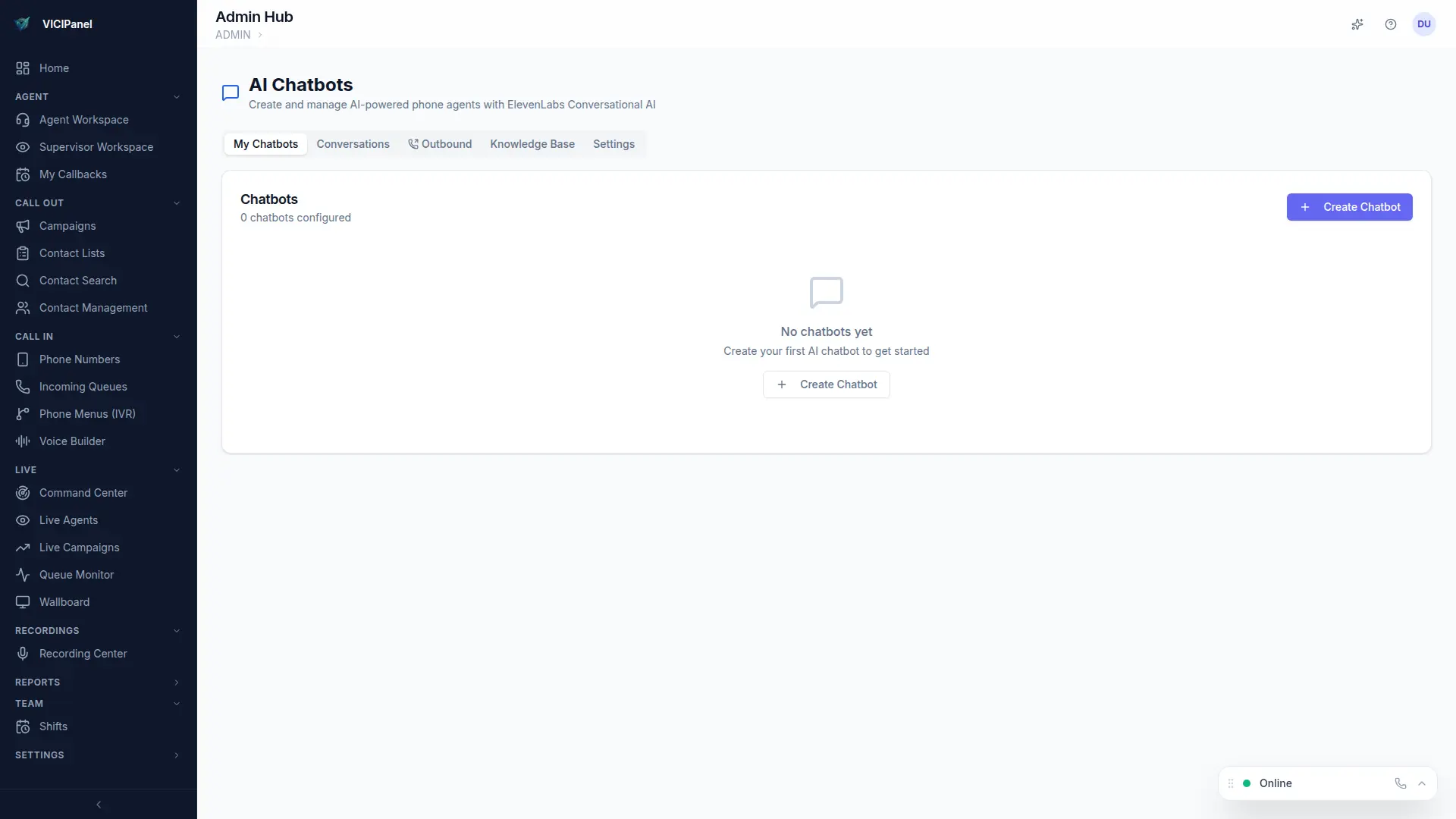 Chatbot admin, conversation analytics + LLM/TTS config