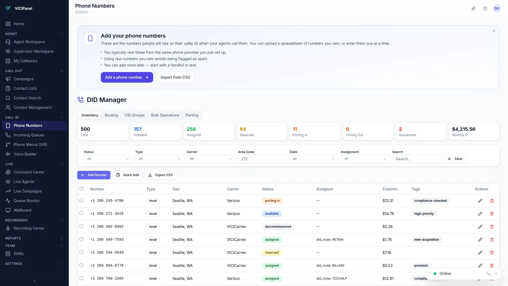 DID inventory, filterable table with state + area code + usage