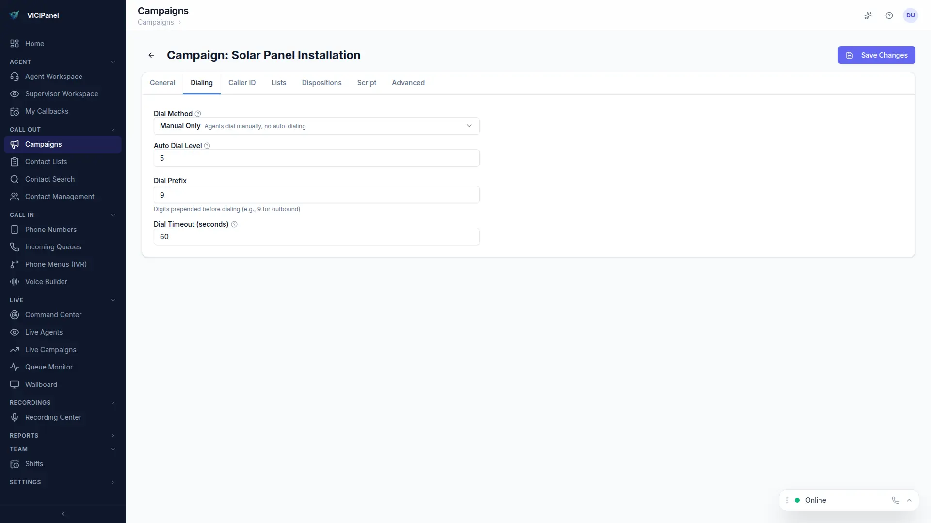 Campaign edit — dialing tab