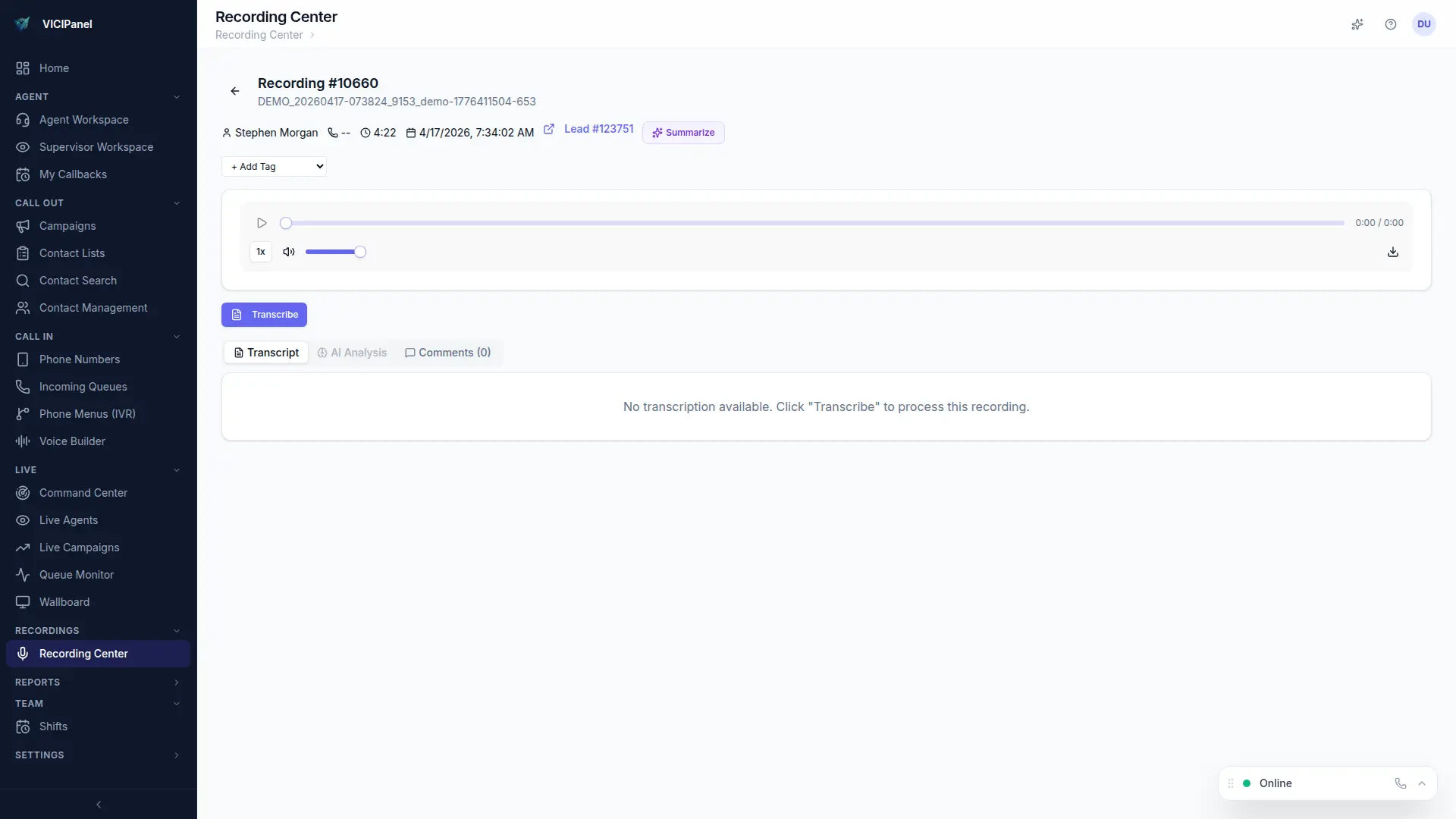Recording detail — transcript, AI analysis, comments