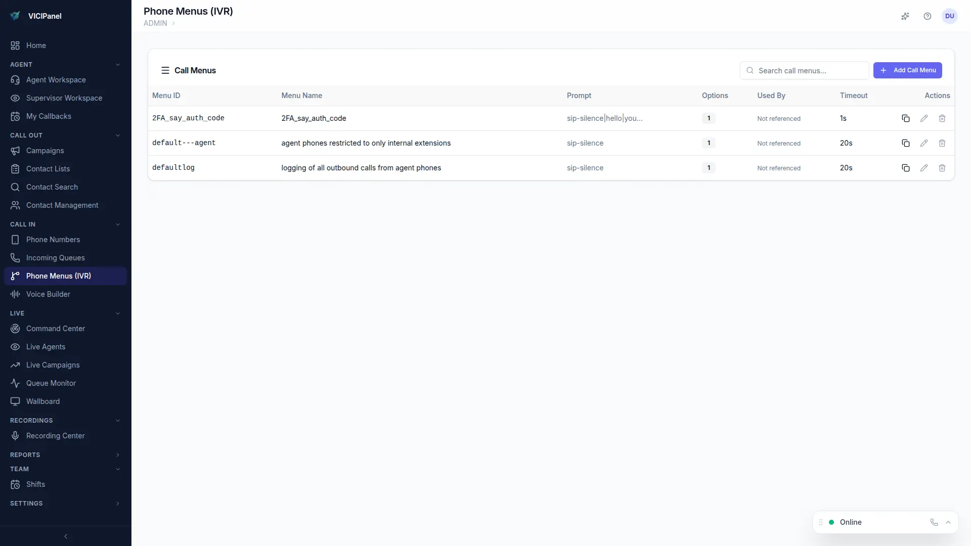 VICIPanel UI showing Interactive Voice Response