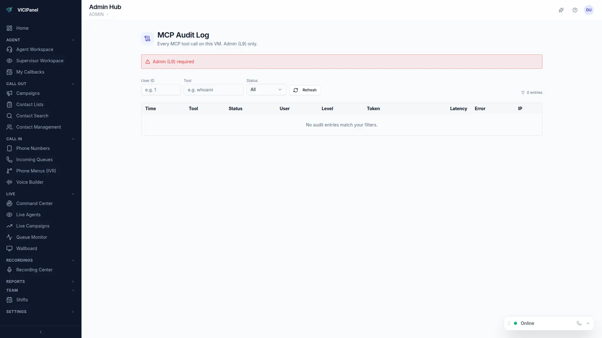 MCP audit log filtered by user and tool