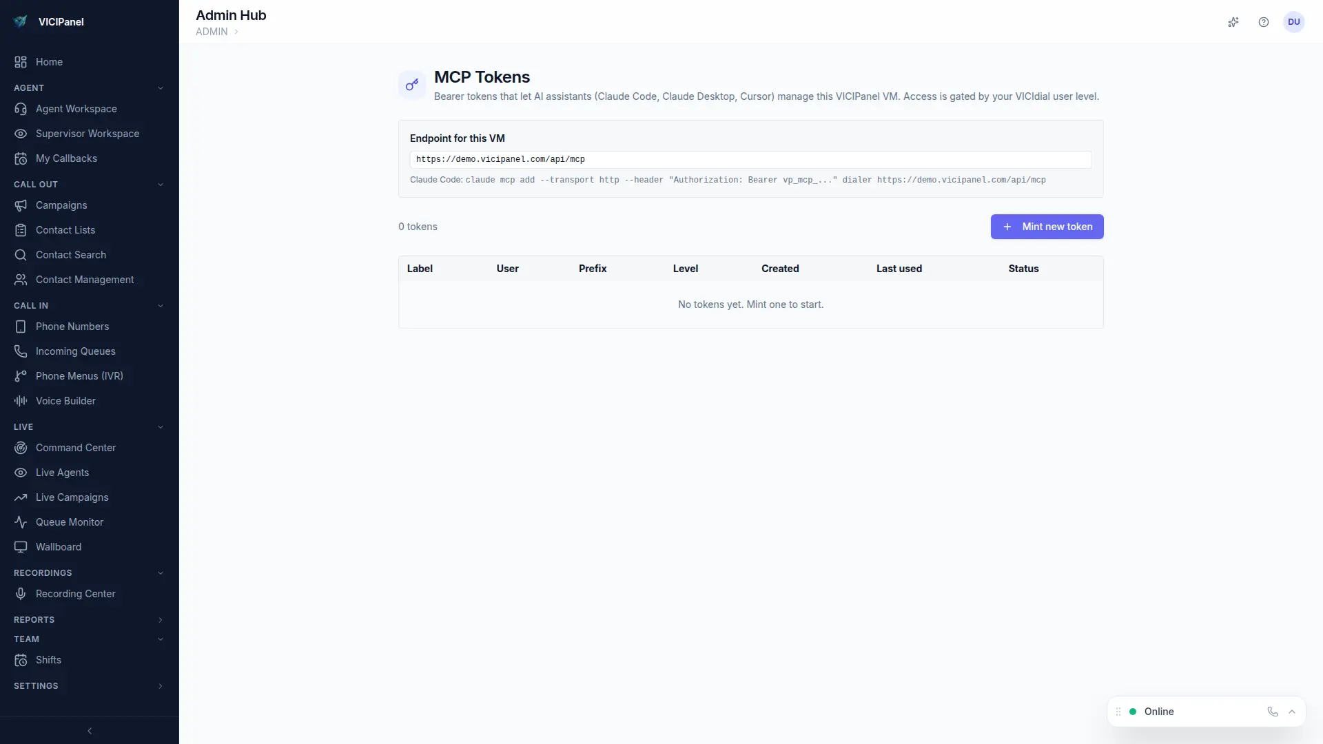 VICIPanel MCP tokens admin — endpoint URL and Claude Code setup command
