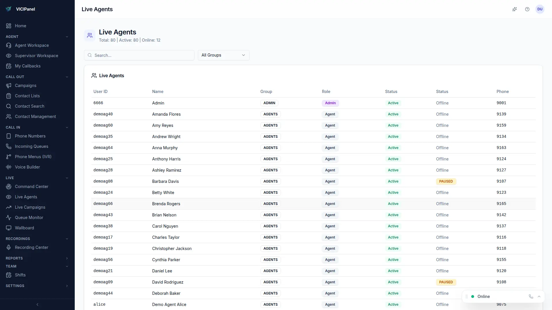 Supervisor workspace, live agent grid + intervention controls