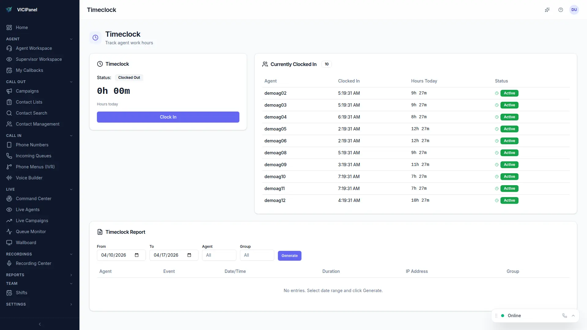 Timeclock view, clock events + pause-code breakdown per agent
